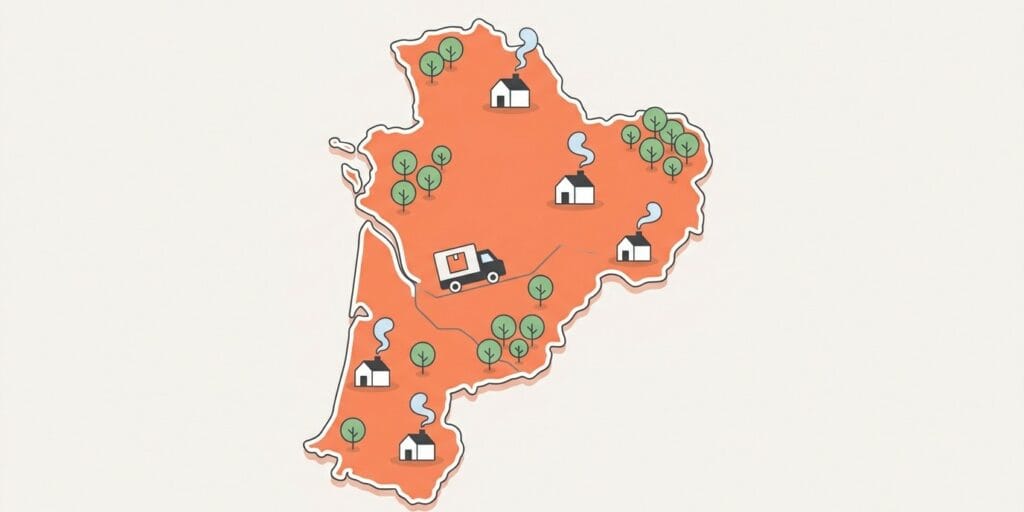 le pictogramme représente une carte de la Nouvelle Aquitaine avec différents foyers qui se chauffent au bois, des forêts, la logistique