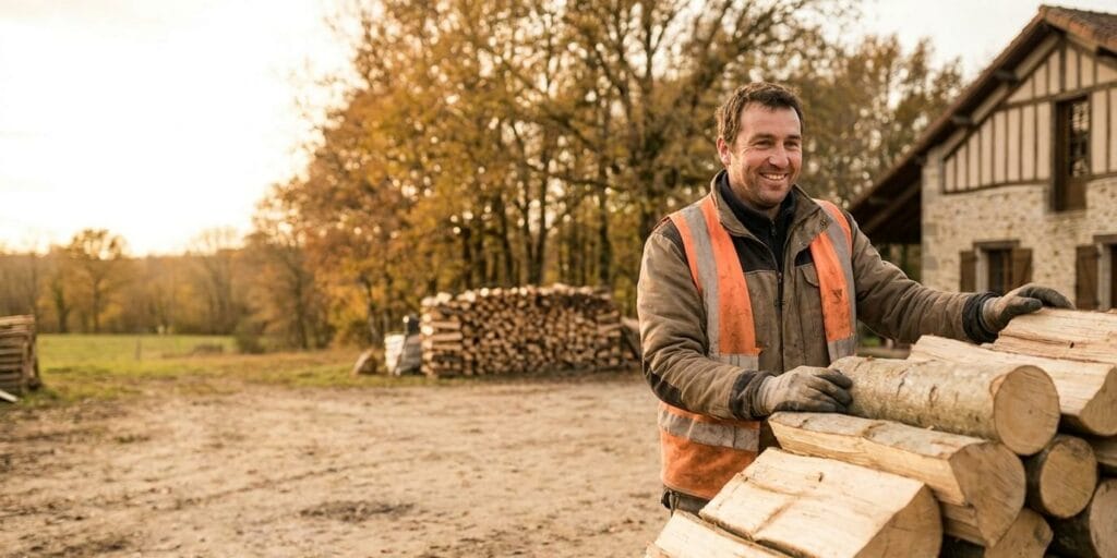 L'image montre un producteur de bois bûche en train de travailler, il est confiant car il s'st engagé avec la marque régionale Nouvelle-Aquitaine bois buche