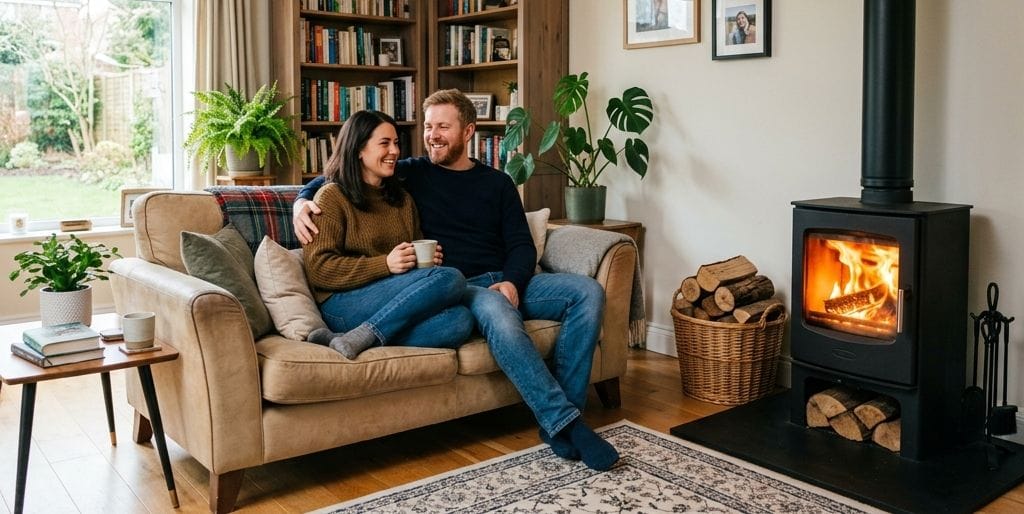 un couple se détend près du pole a bois financé grâce aux aides financières