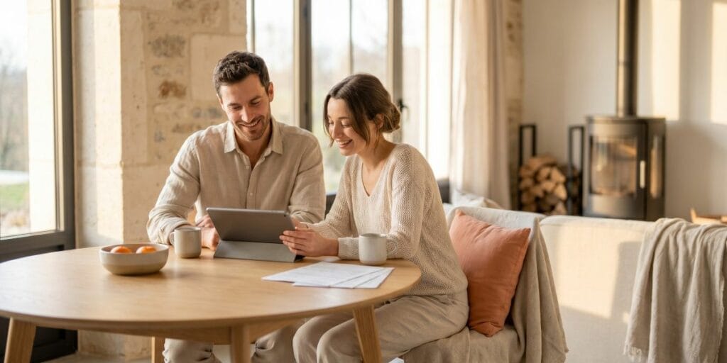 L'image montre un couple en train d'étuider paisiblement les aides financières qui existent pour se chauffer au bois.
